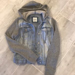 Jean Jacket with gray sweatshirt sleeves